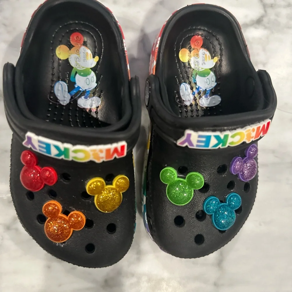 CROCS Black and Red Water Shoes with Mickey Mouse Charms